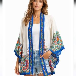 Avani Boho Kimono Cardigan White Blue Floral Paisley Beaded Acents Trim